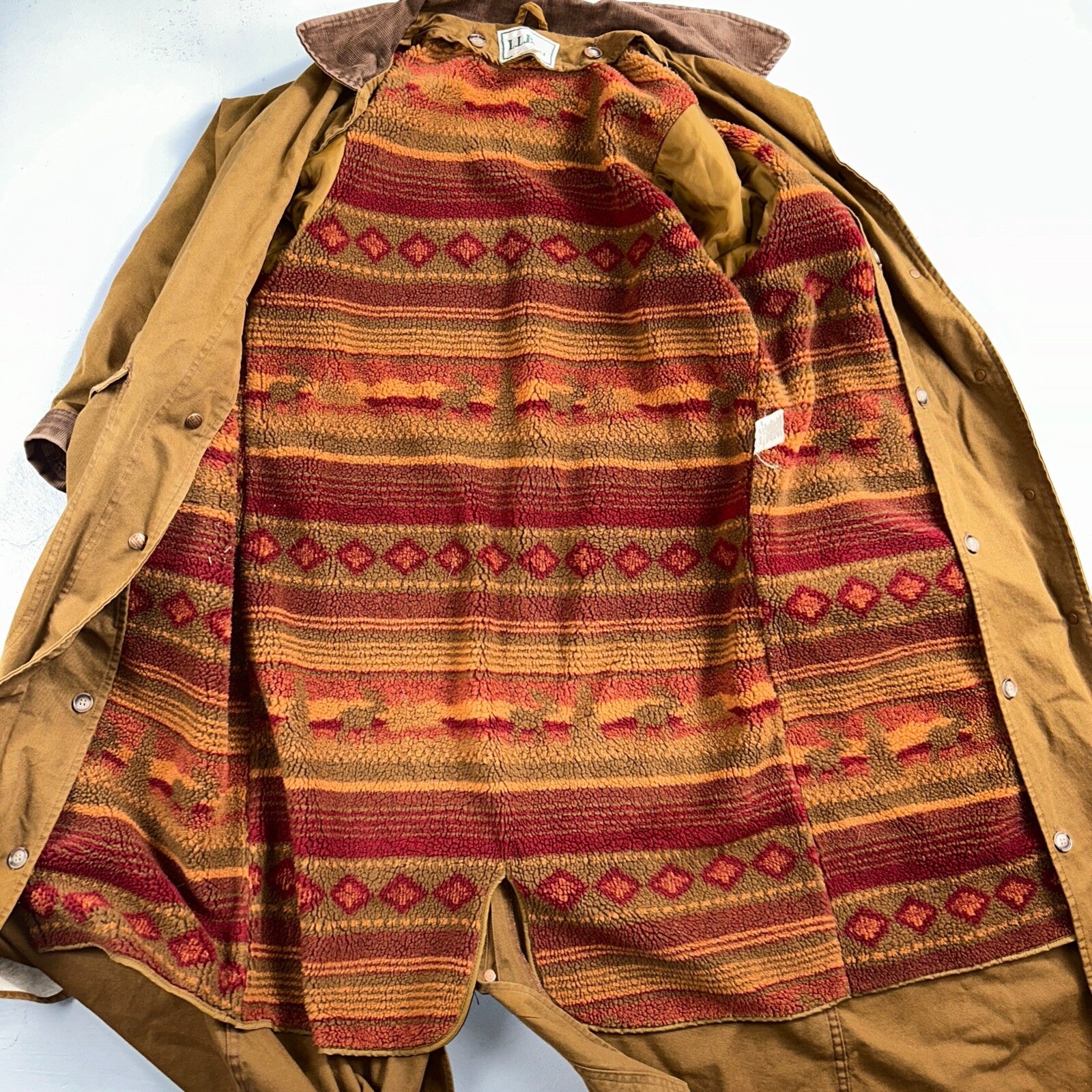Vintage LL Bean Aztec Fleece Lined Womens Canvas Long Button Duster Coat M