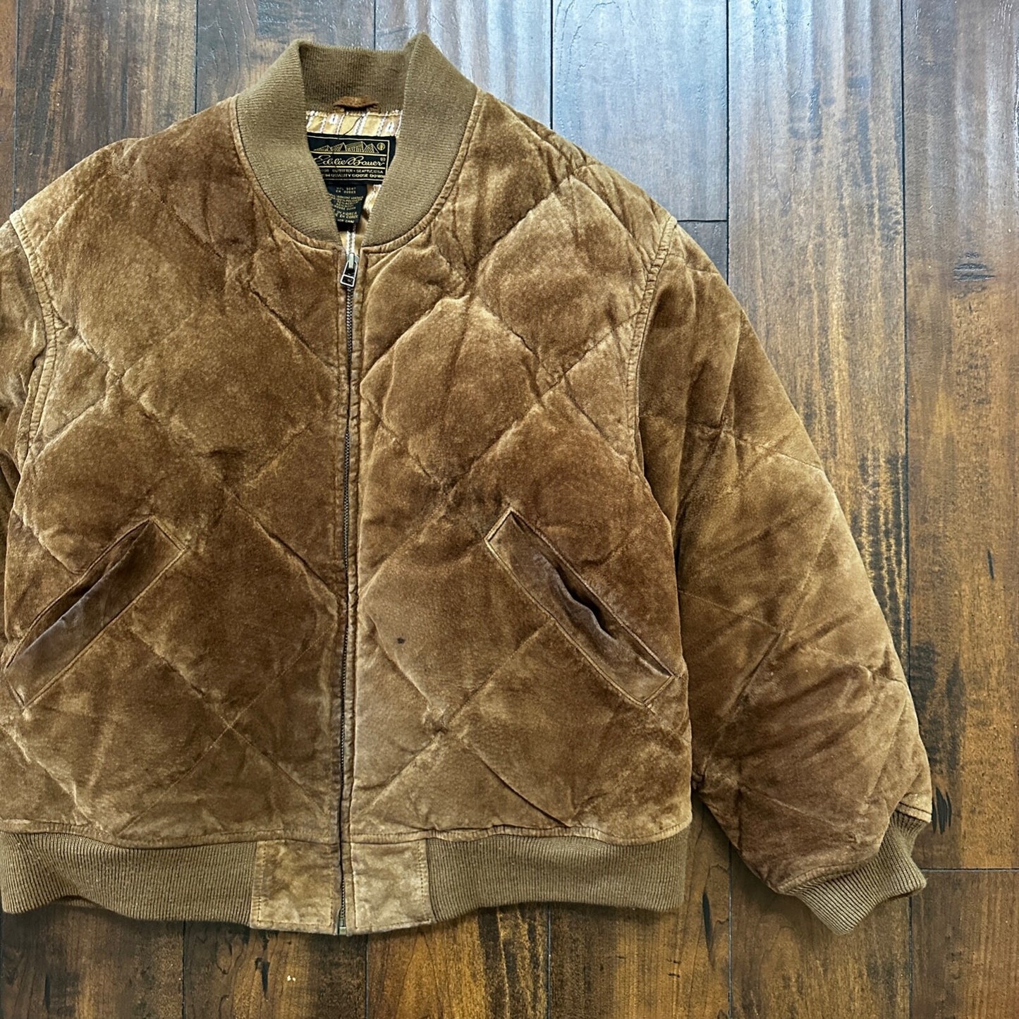 VTG 90s Eddie Bauer Jacket Brown Genuine Suede Leather Goose Down Bomber RARE