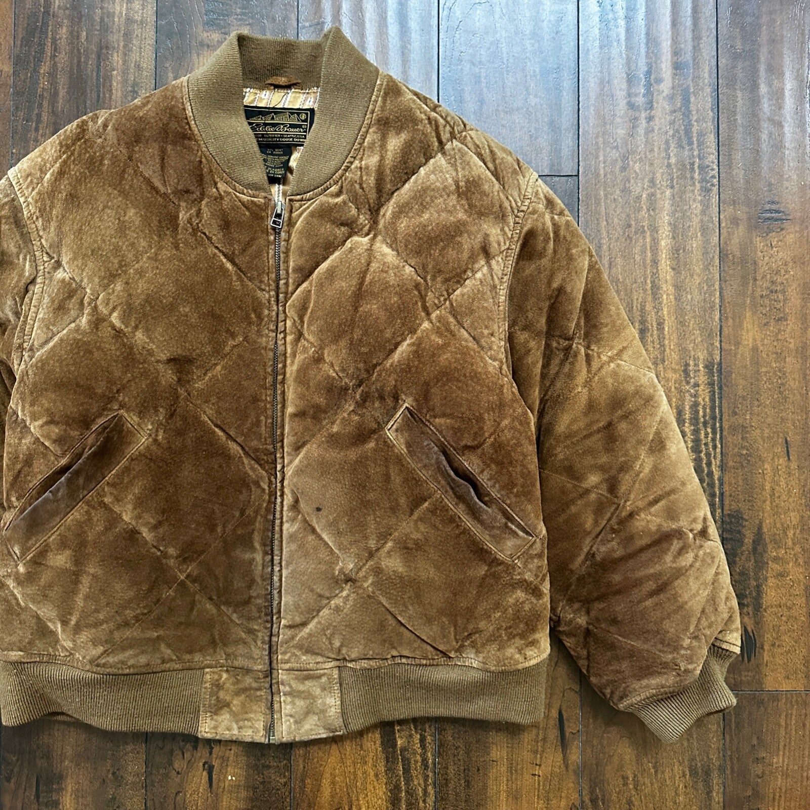 VTG 90s Eddie Bauer Jacket Brown Genuine Suede Leather Goose Down Bomber RARE