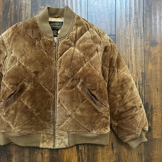 VTG 90s Eddie Bauer Jacket Brown Genuine Suede Leather Goose Down Bomber RARE