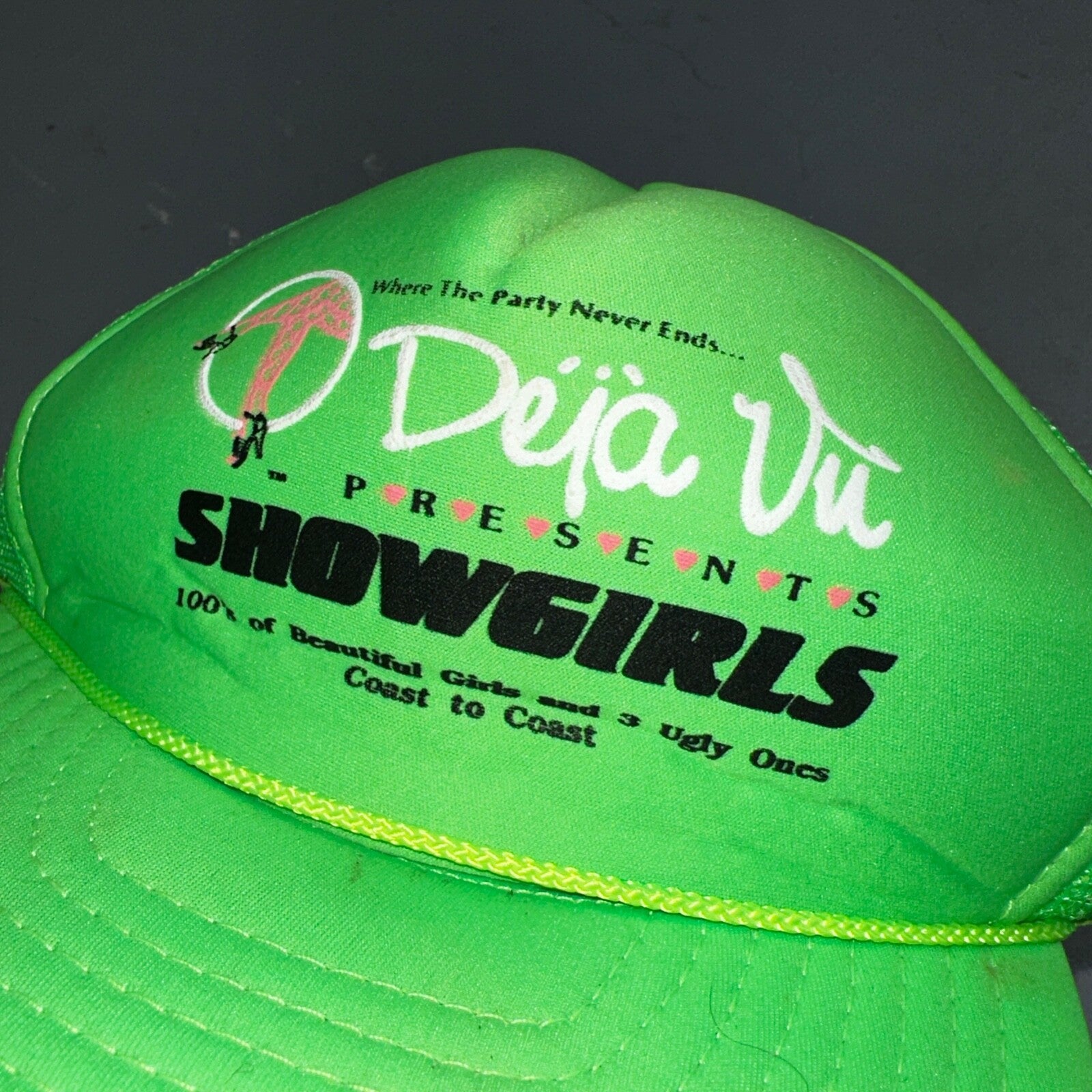 Deja Vu Hat VTG Snapback Trucker Cap Men Neon Green Showgirls 90s RARE