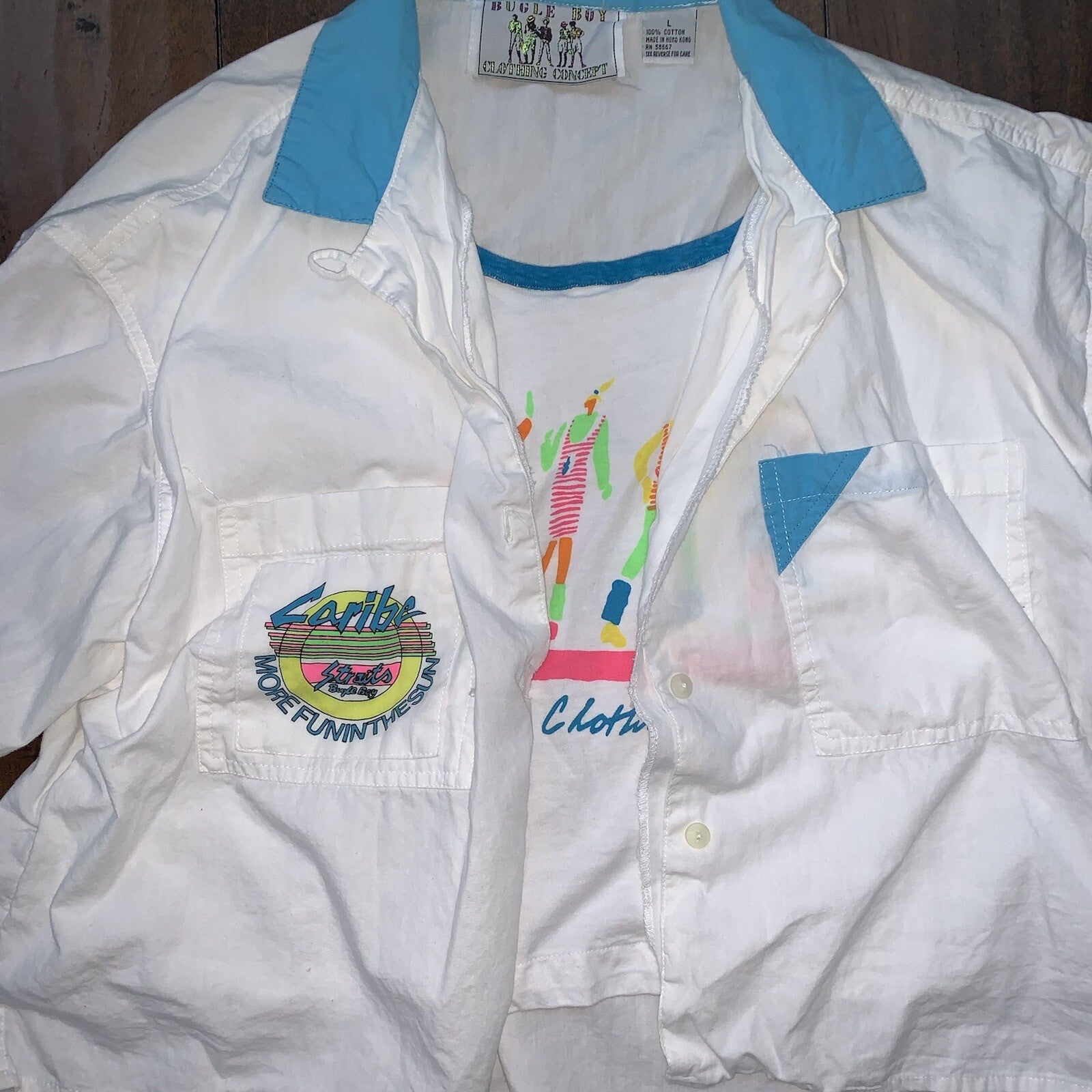 Vtg Buggle Boy 80s Hip Hop WOMANS BLOUSE SHIRT PLAID Crop 90s Blue Tee