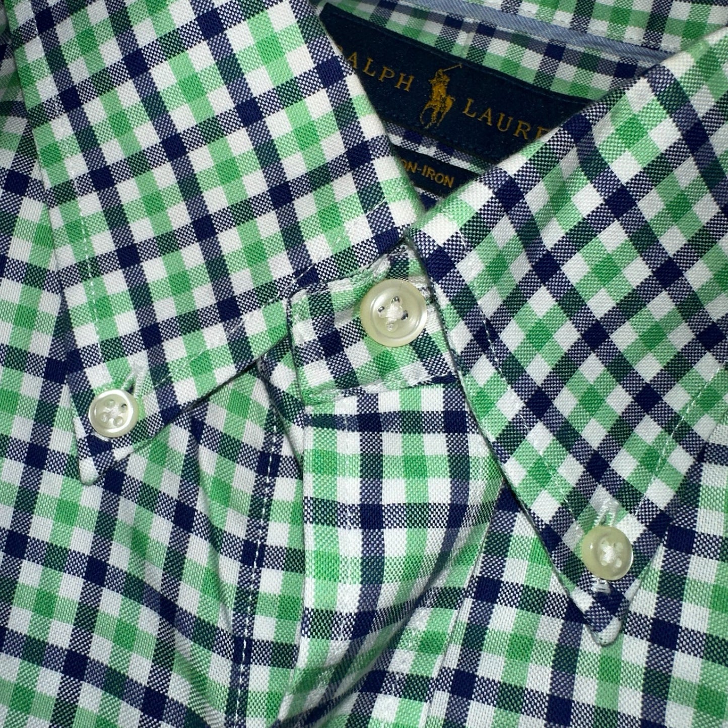 Ralph Lauren Shirt Mens Large Green Blue Tattersall Button Up Preppy Non Iron