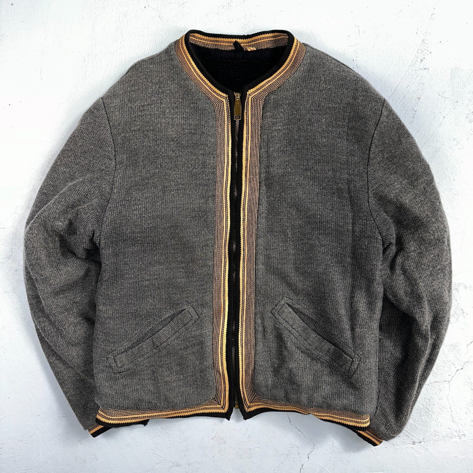 VTG 40s Wool Lined Men Zipper Jacket Sweater Salt Pepper Gray 1940s Rockabilly