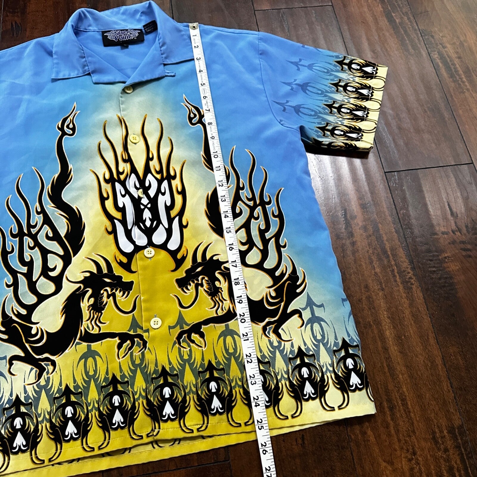 VTG Y2K Silver Point Blue Tribal Button Down Shirt Size L 1980s Ricky Trailer