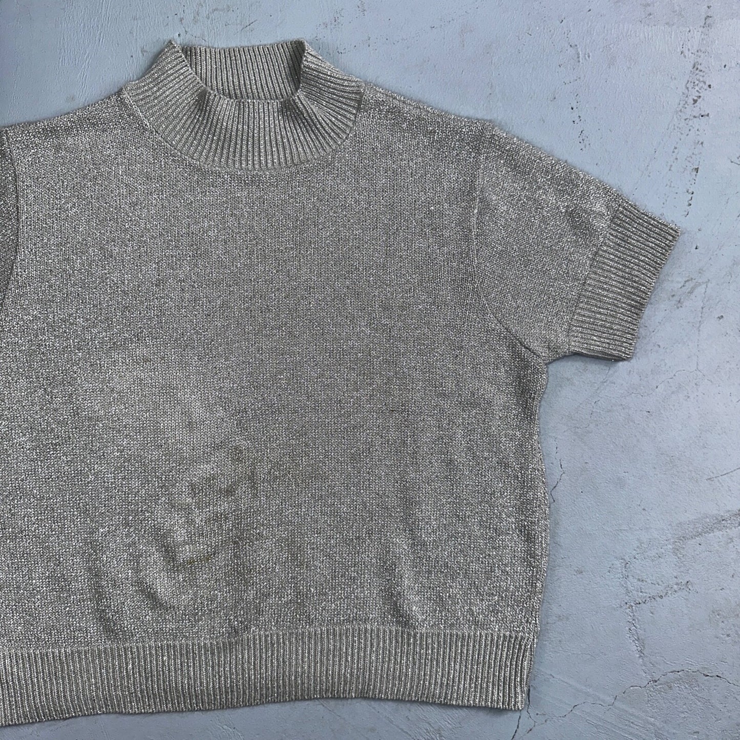 BFA Classics Womens Knit Short Sleeve Sweater Size Small Silver Sparkly Cute