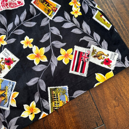 Vintage 80s Blue Hawaii Button Up Shirt Mens XL Ukulele Palms Hawaiian Stamps