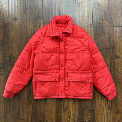 Vintage 60s Red Down Insulated Quilted Puffer Jacket M 1960s 70s Rockabilly