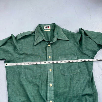 Vintage Van Huesen 417 Men's Long Sleeve Green Shirt Button Down Vanopress 70s
