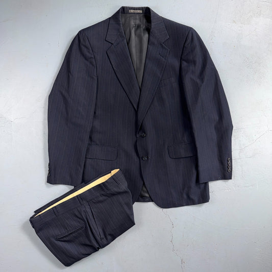VTG Mens 2 PC Suit 42 Jacket Coat Pants Blue Striped USA Golden Lancer 80s Wool