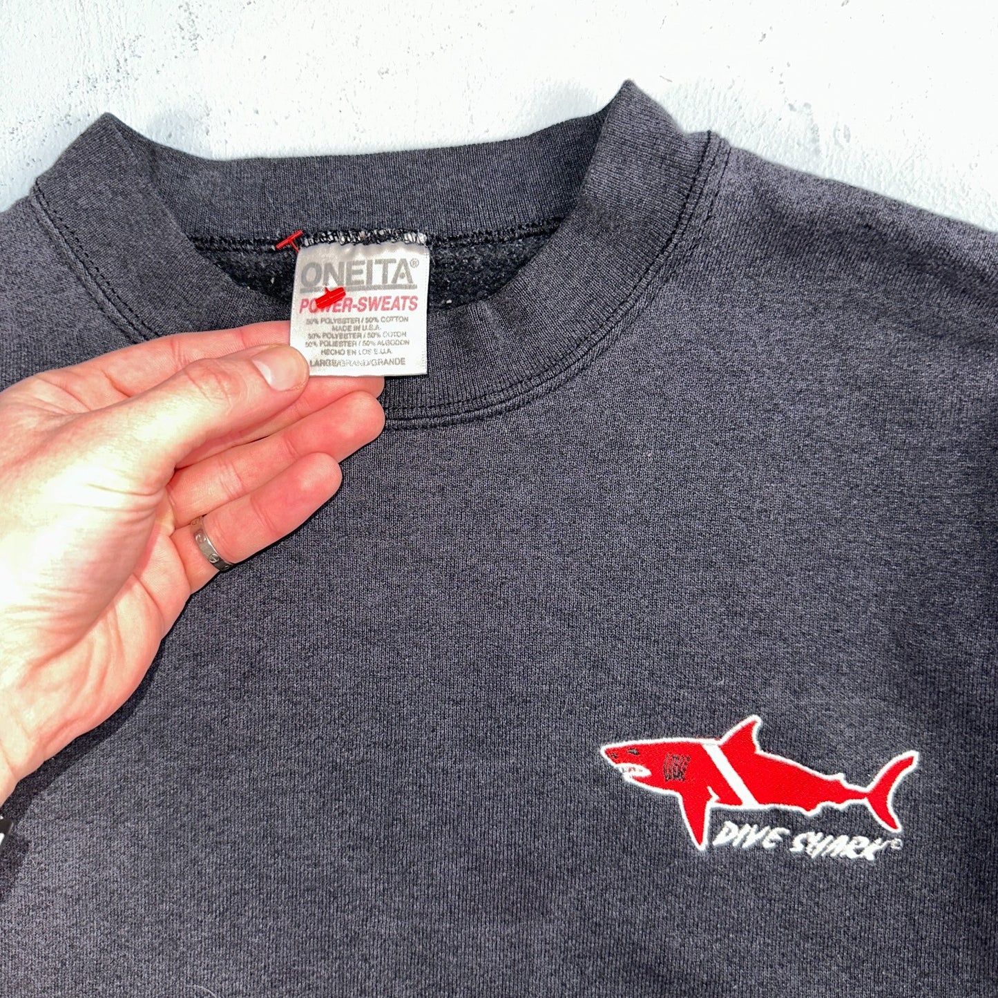Oneita Shark Sweatshirt L 1990s VTG Crewneck Dive Swim Black Ocean Rap Fish
