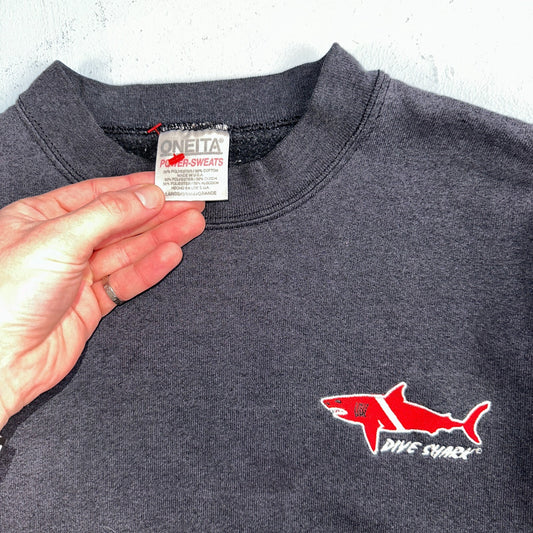 Oneita Shark Sweatshirt L 1990s VTG Crewneck Dive Swim Black Ocean Rap Fish