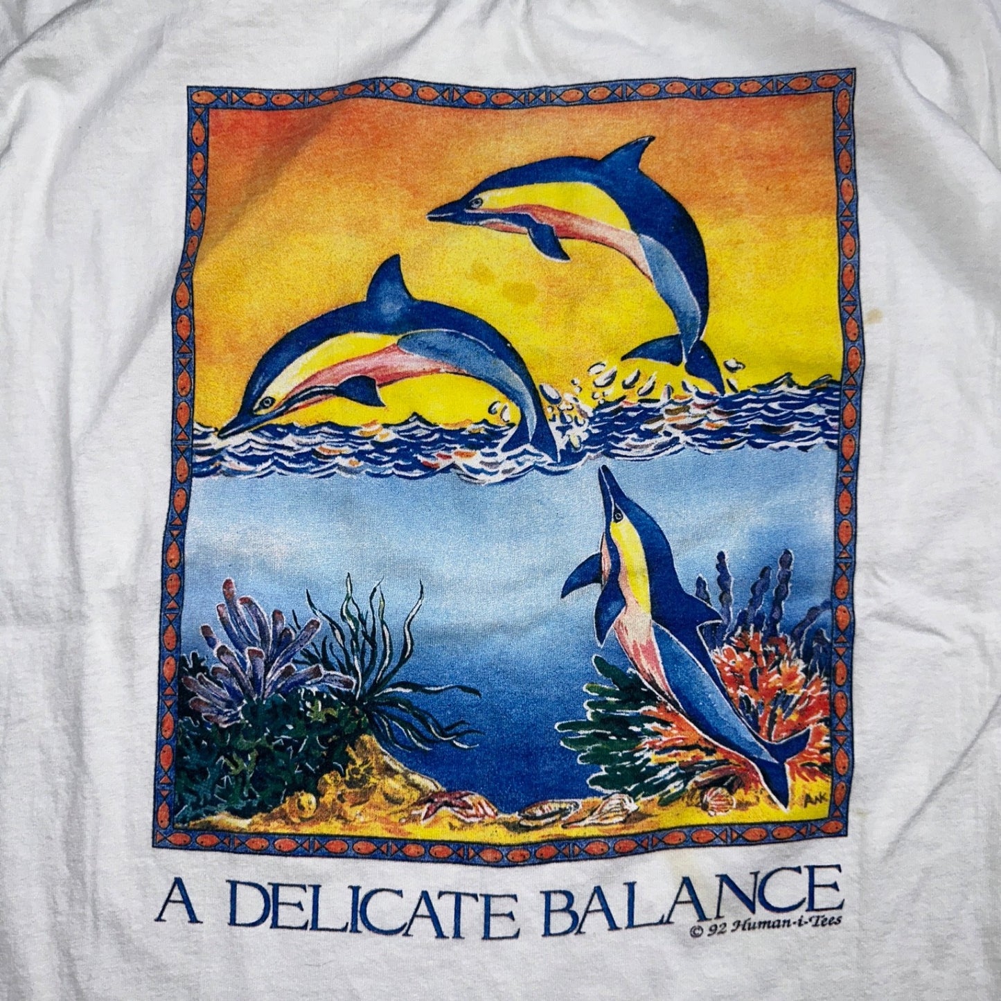 Vintage 1992 A Delicate Balance Dolphins Humanitees T Shirt Hanes XL 90s Flordia