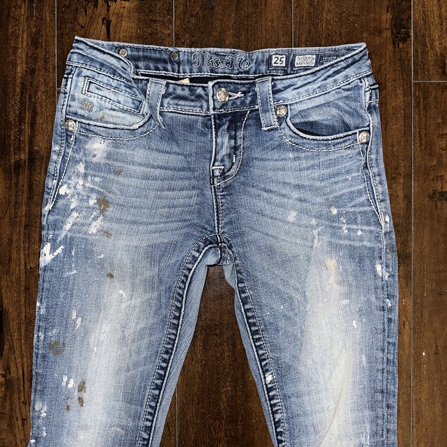 MISS ME RHINESTONE POCKET JE533OE2R EASY BOOT WOMEN'S JEANS 25 VTG PAINT Y2K