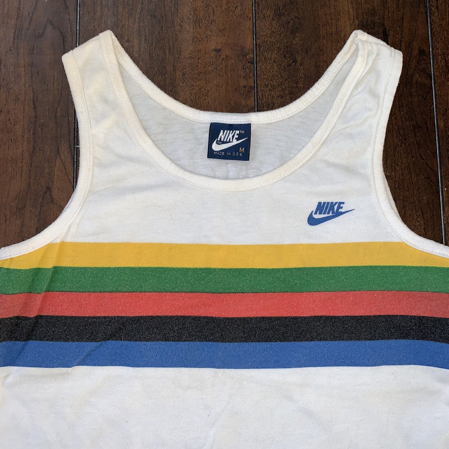 Nike 80s Olympic Vintage T Shirt Tee 1984 Blue Tag Rainbow Korea BOYS M Tank