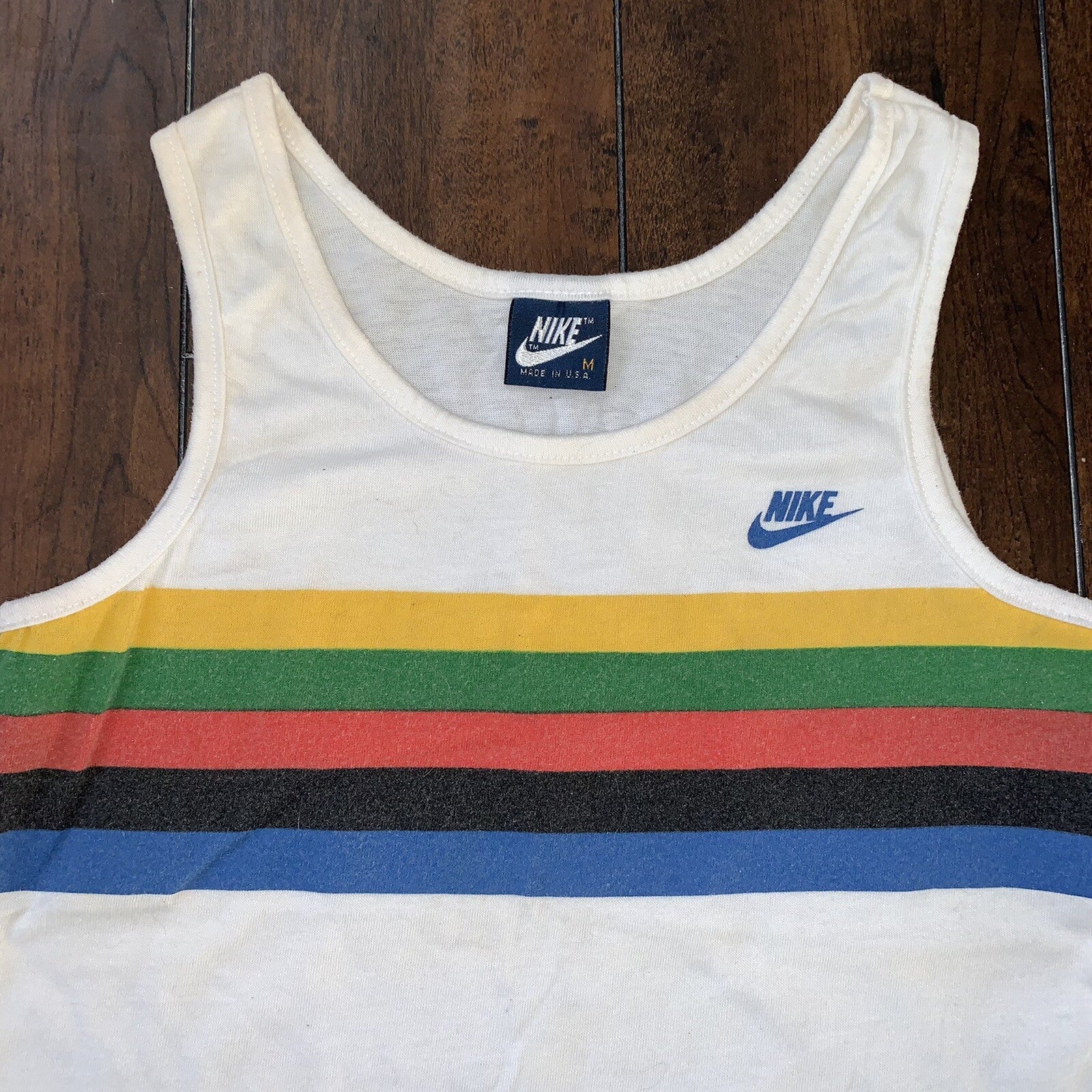 Nike 80s Olympic Vintage T Shirt Tee 1984 Blue Tag Rainbow Korea BOYS M Tank