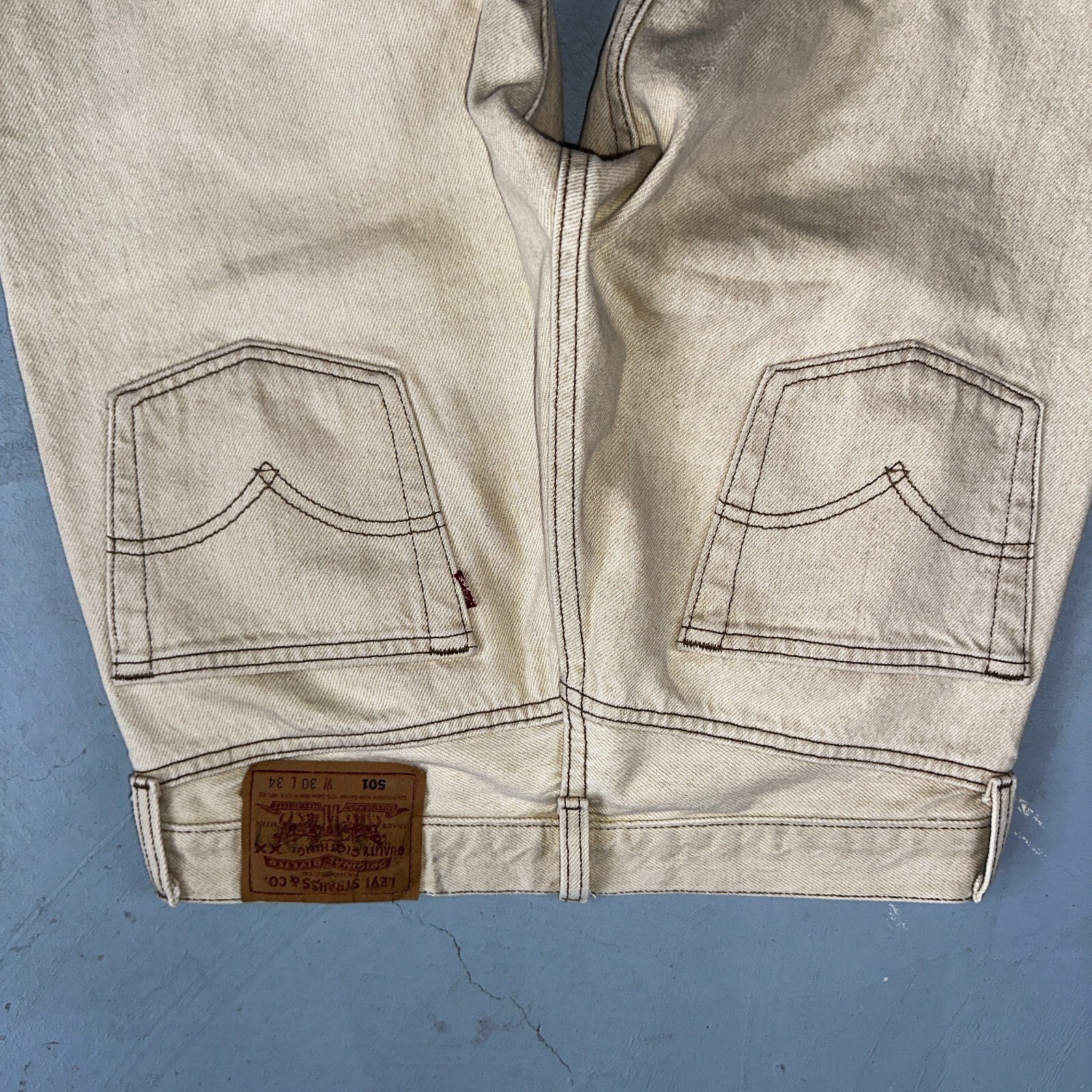 Levis 501 Vintage 90s USA XX Straight Leg Jeans Beige Light Wash 30x34 Act 29x29