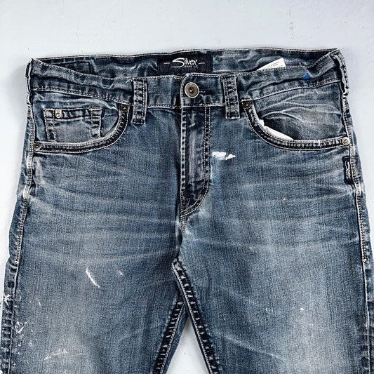 Silver Jeans Mens 34x30 Eddie Blue Denim Stretch Straight 5 Pocket Whiskering