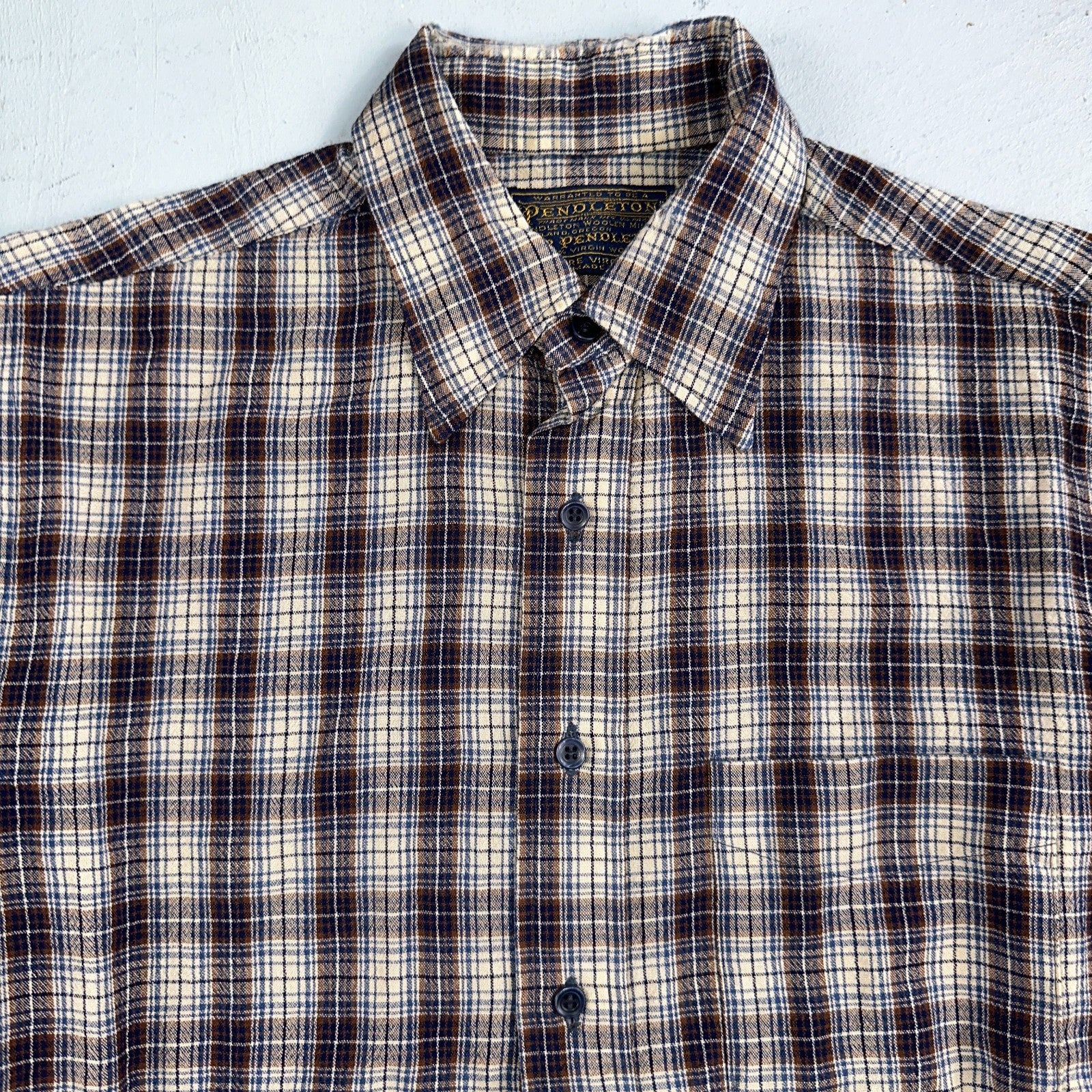 Vintage Pendleton Shirt Mens M Wool Plaid Flannel USA Button 1970s 70s Brown