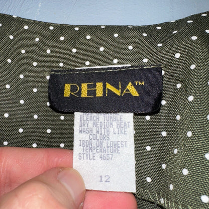 REINA 1970s Women Green Floral Dress Outfit Party Sz 12 VTG 2Pc Set Polka Dot