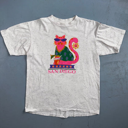 Oneita Cat San Diego VTG T Shirt 90s Gray Heather Cute California USA Pink Sun