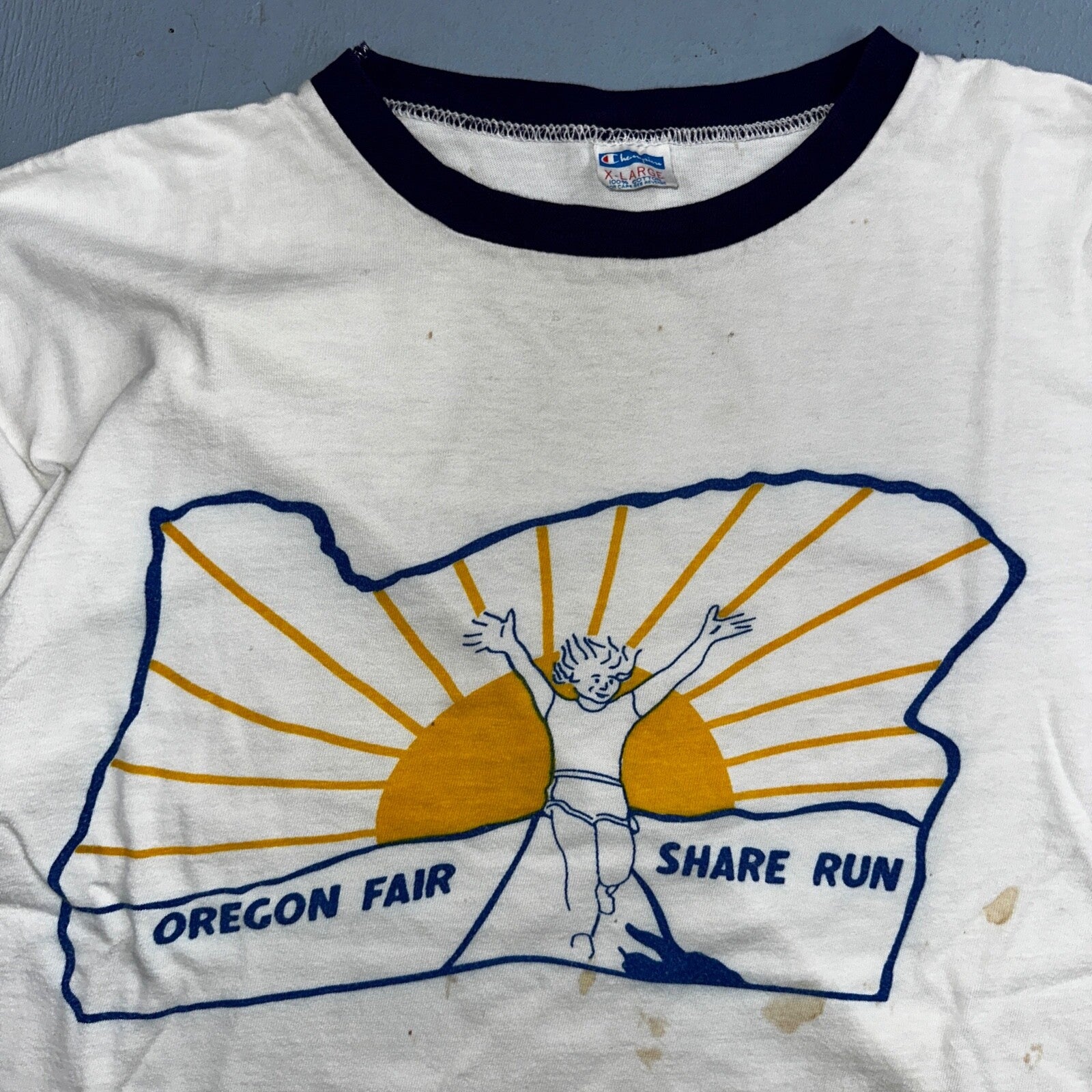 Oregon Champion 80s Ringer Fair Run VTG T Shirt 1980s Sun Fun Graphic XL Cool