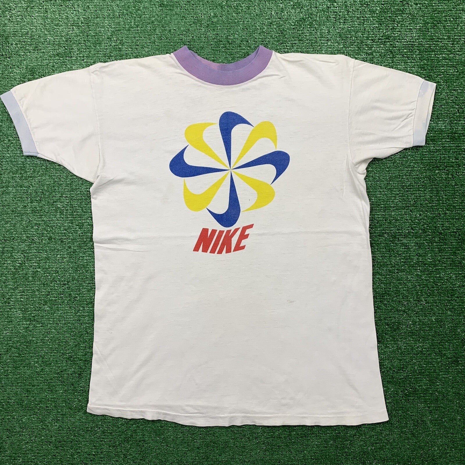 Nike Vintage T Shirt Mens M 70s Purple Ringer Pinwheel Running Geisha Simple