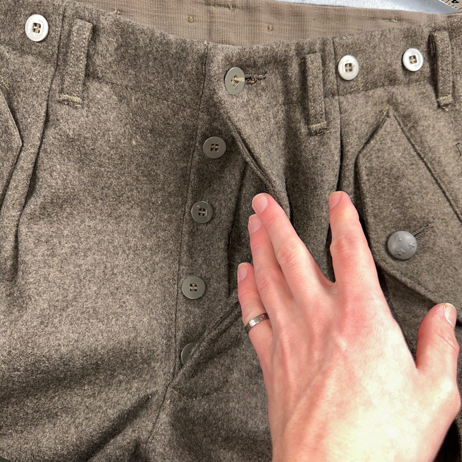 Vintage 1960s Swedish Army Wool Cargo Heavy Pants WWII Leather Straps 34x31