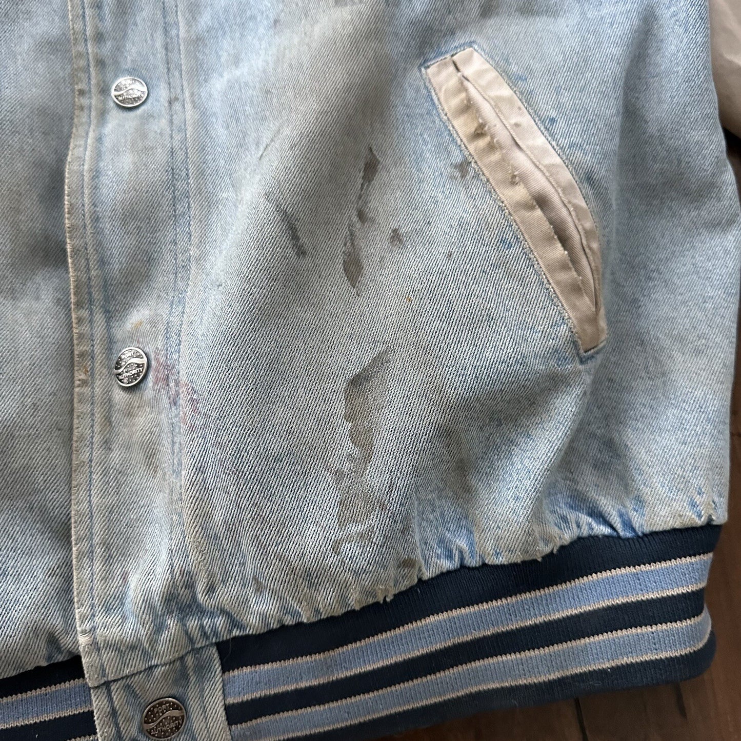 Vintage Oregon 90s Denim Varsity Jacket Bomber Salem Auto NASCAR Racing Thrashed