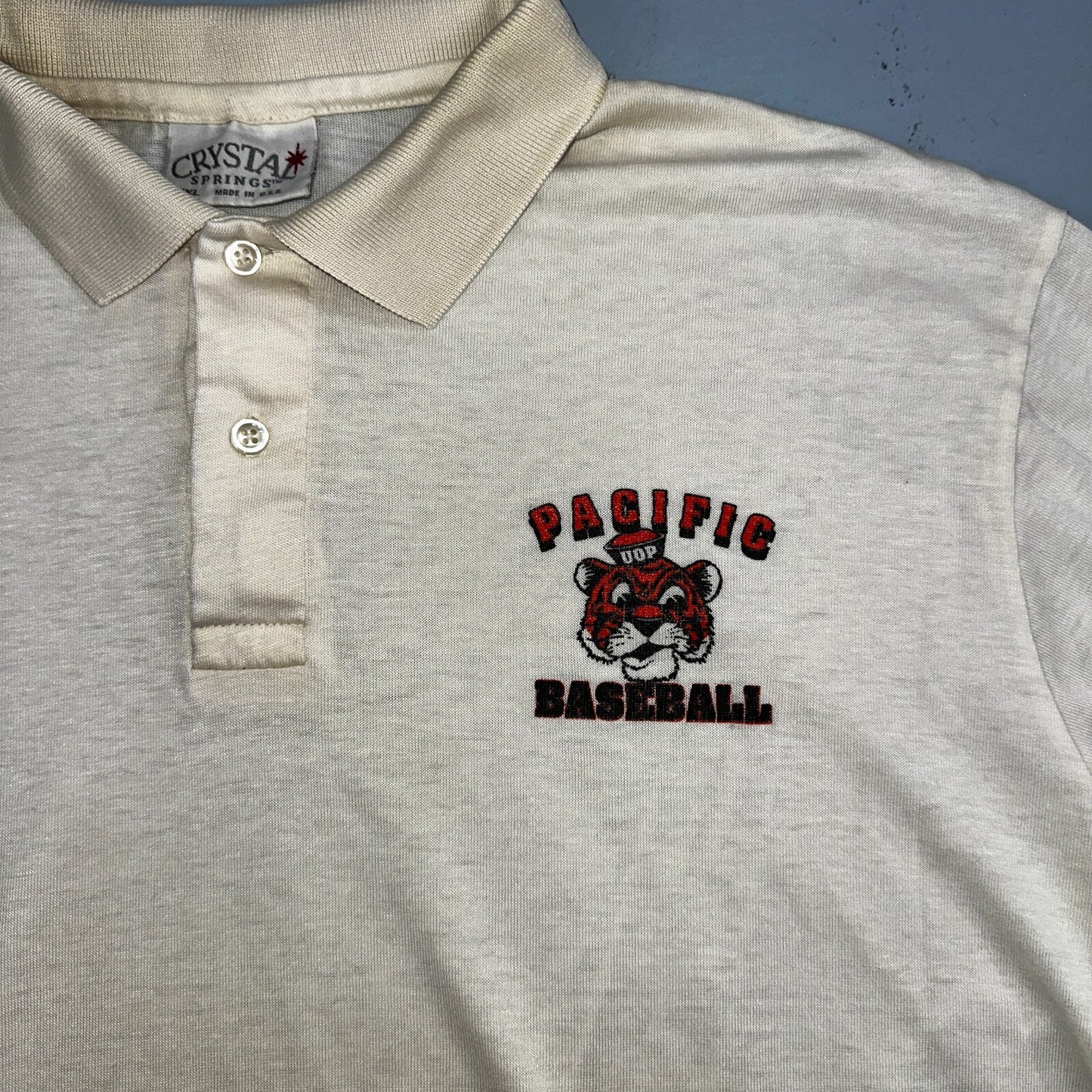 Vintage UOP Pacific Baseball Polo Shirt Crystal Springs NCAA 80s Tigers Rare