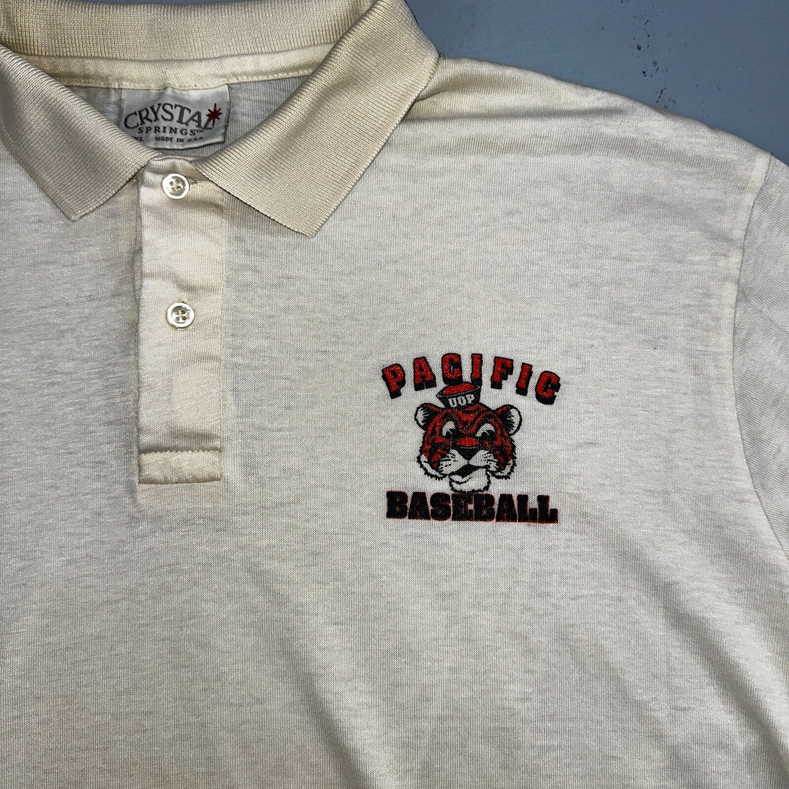 Vintage UOP Pacific Baseball Polo Shirt Crystal Springs NCAA 80s Tigers Rare