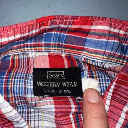 Sears VTG Western Wear L Plaid Ranch Rodeo Shirt Jacket Pearl Snap Red 16