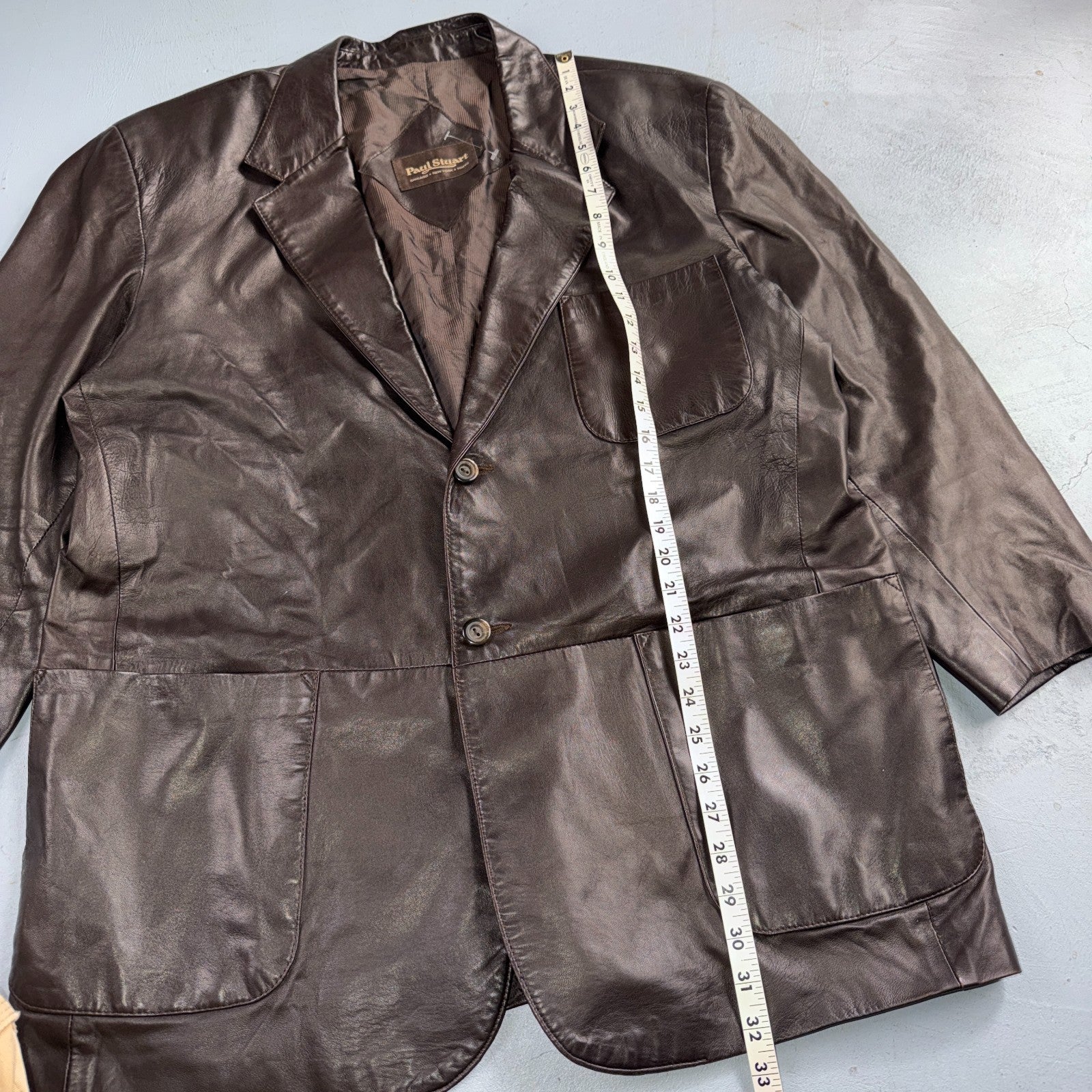 Paul Stuart Mens Vintage Brown Leather Jacket XL Chore Coat Pockets EUC Blazer
