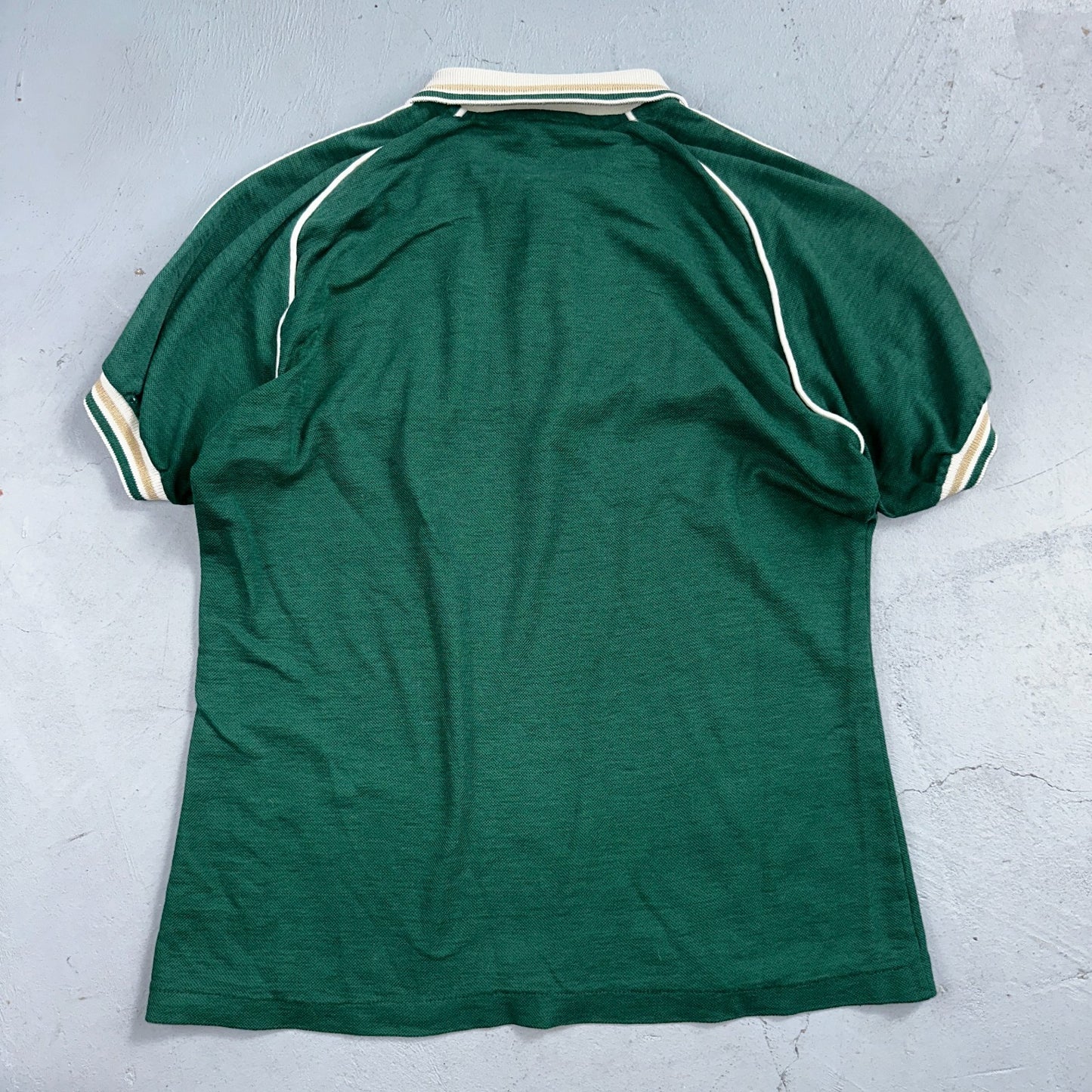 VTG JANTZEN Mens Polo Shirt Striped Collar Small Green White Jersey Cool 80s USA