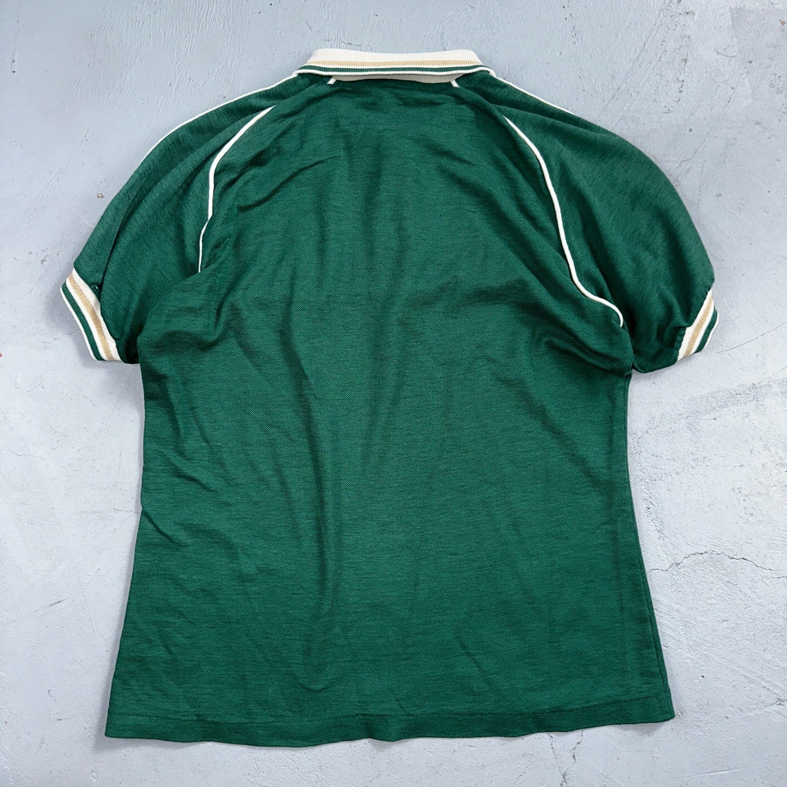 VTG JANTZEN Mens Polo Shirt Striped Collar Small Green White Jersey Cool 80s USA