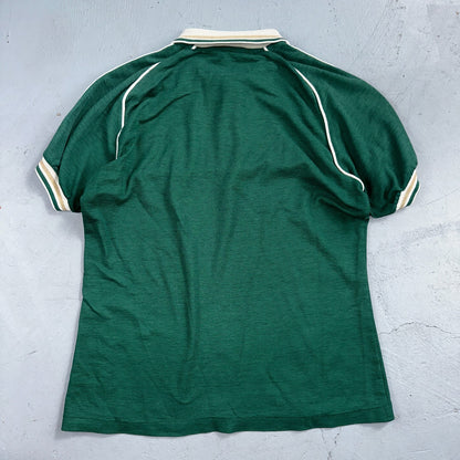 VTG JANTZEN Mens Polo Shirt Striped Collar Small Green White Jersey Cool 80s USA