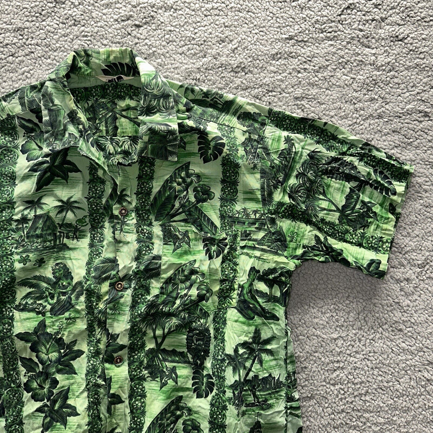 Vintage 50s Hawaiian Aloha Print Shirt Rockabilly Honolulu 60s Button USA Green