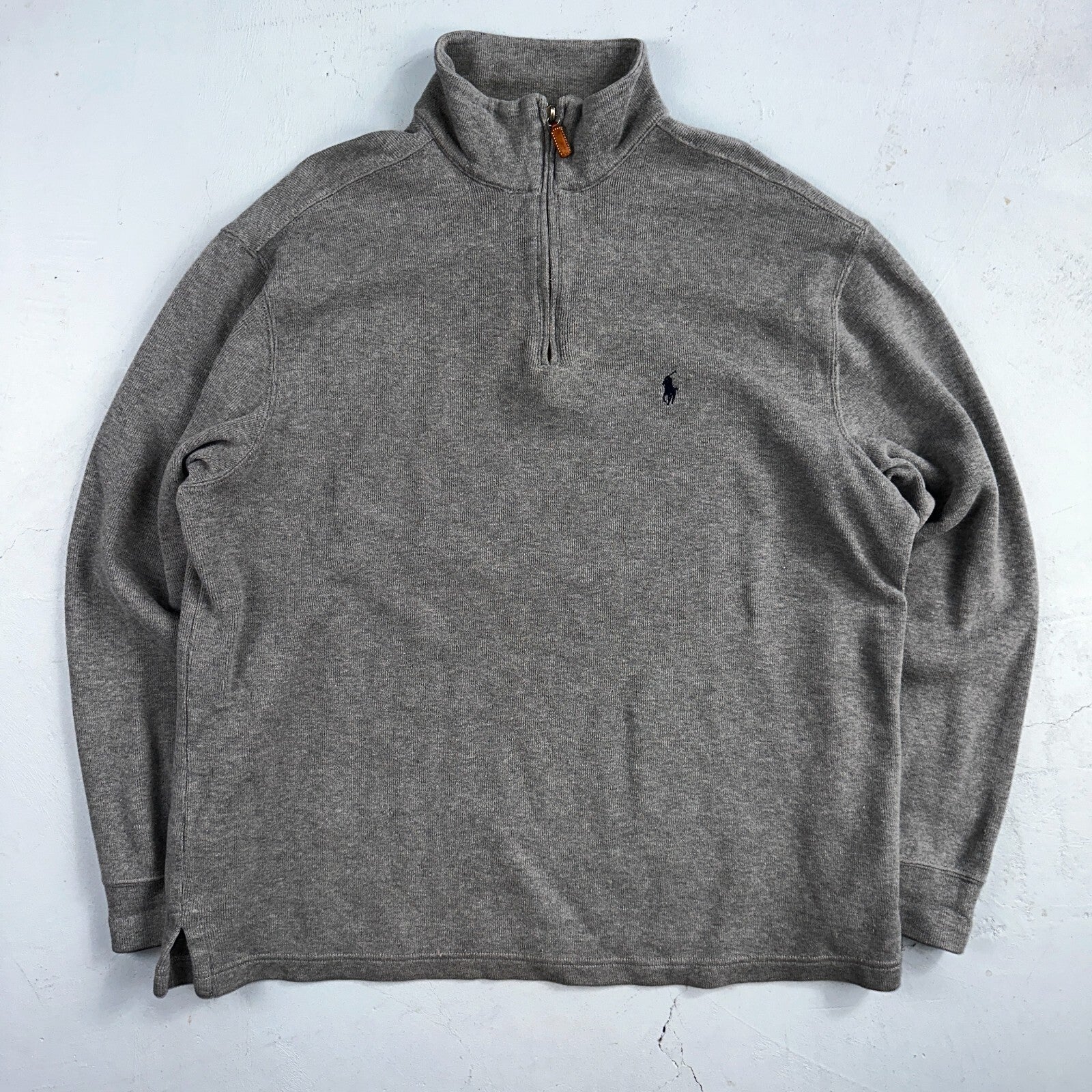 Polo Ralph Lauren Sweater Mens Large Gray Heather 1/4 Zip Mock Neck Pony VTG