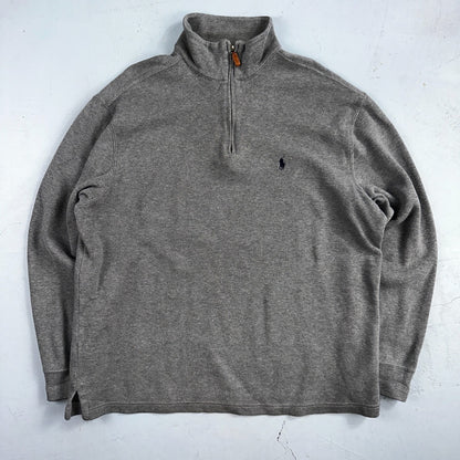 Polo Ralph Lauren Sweater Mens Large Gray Heather 1/4 Zip Mock Neck Pony VTG