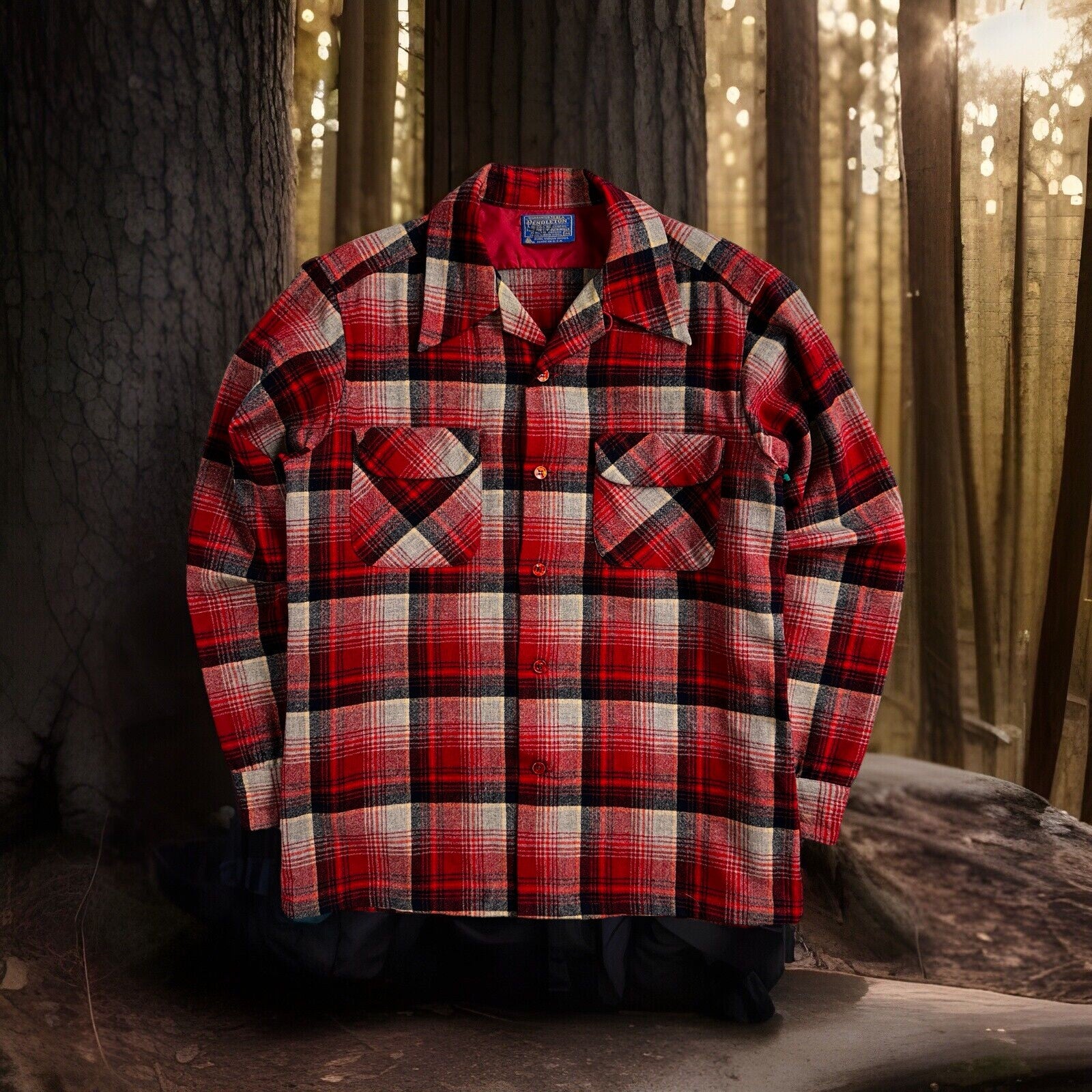 Pendleton 1970s Loop Collar Board Shirt Wool Plaid Flannel Shirts Red Black M