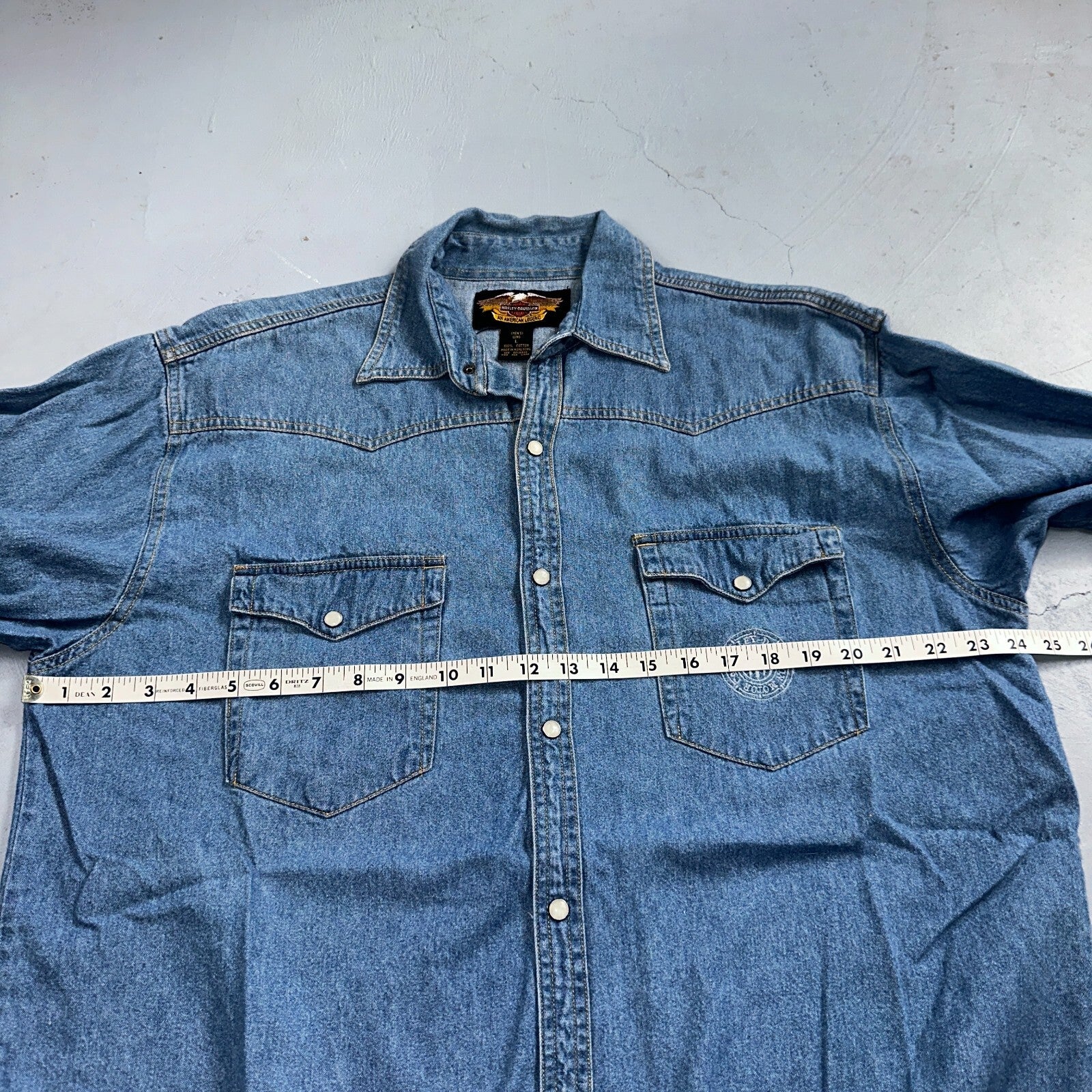 Harley Davidson Shirt Mens Large Long Blue Pearl Snap 90s Vintage Motor