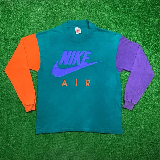 Nike Color Block Vintage T Shirt 90s USA Rare Orange Blue LS 80s Hipster Trendy