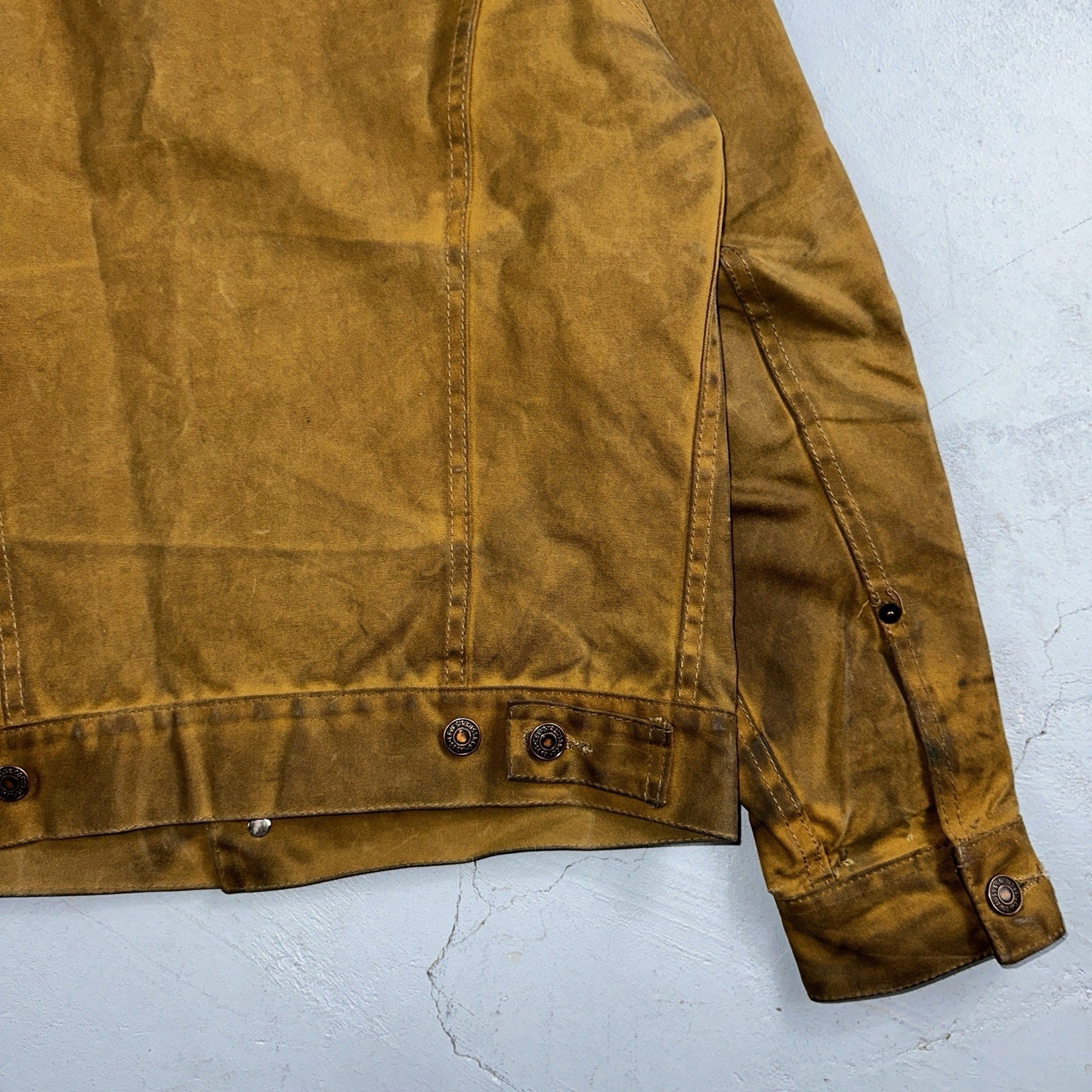 Filson x Levis Tin Cloth Trucker Jacket Men’s Small Tan Made In USA VTG Oil