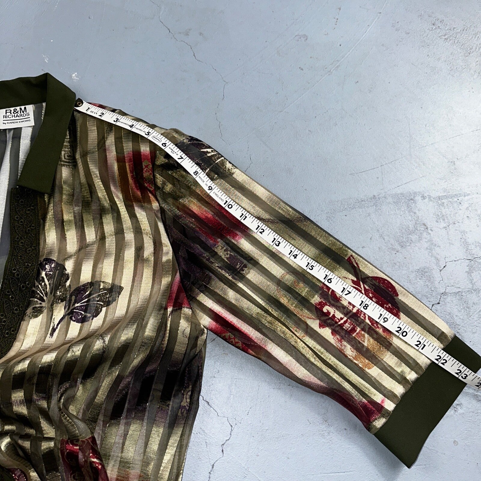 R&M Richards Karen Kwong Womens Blouse Gold Print Chain Shoulder Pads 14 USA VTG