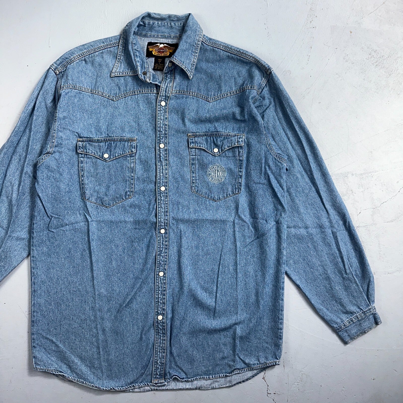 Harley Davidson Shirt Mens Large Long Blue Pearl Snap 90s Vintage Motor