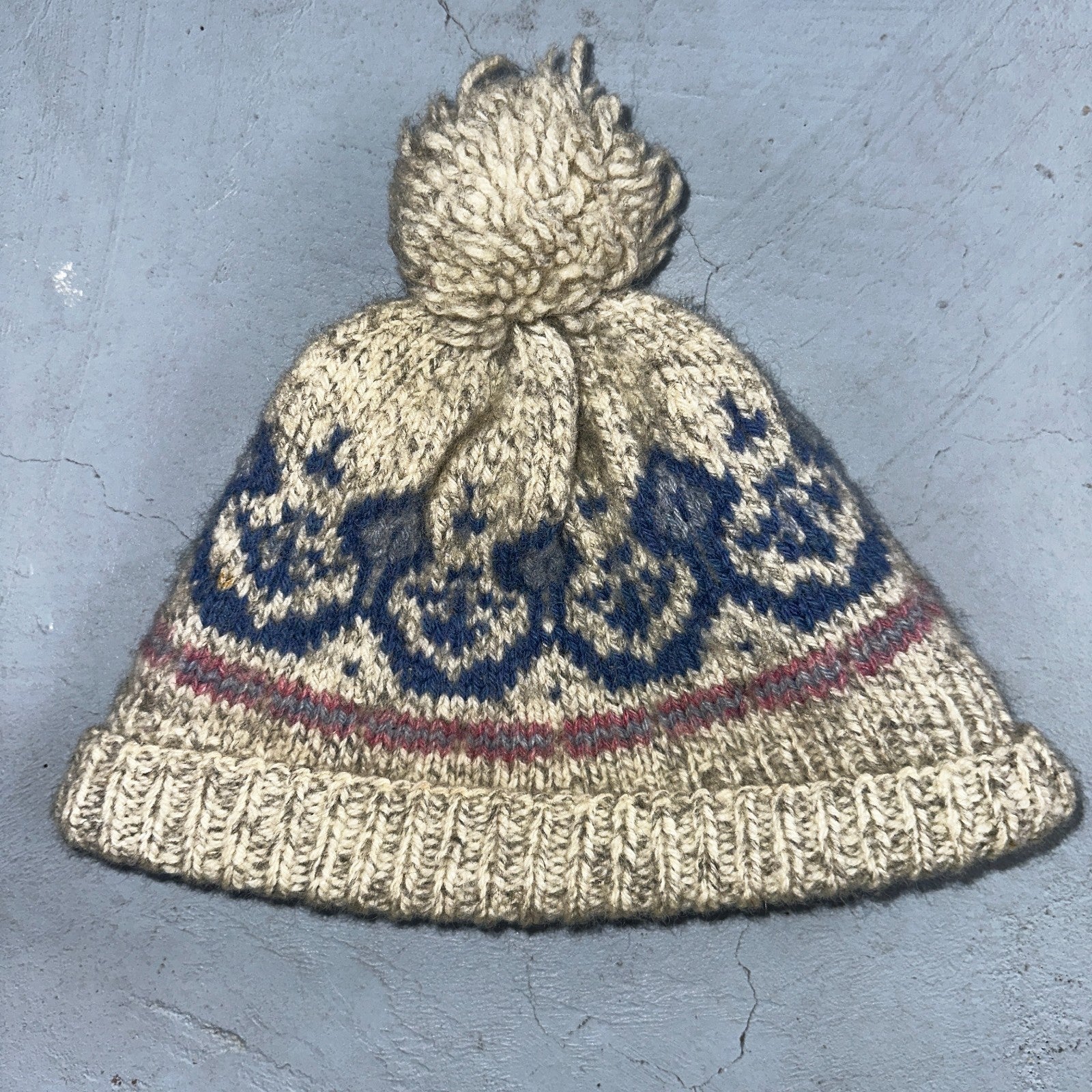 Vintage Danspin Denmark Wool Knit Hat Nordic Fair Isle Beanie Pom Winter Cap 70s