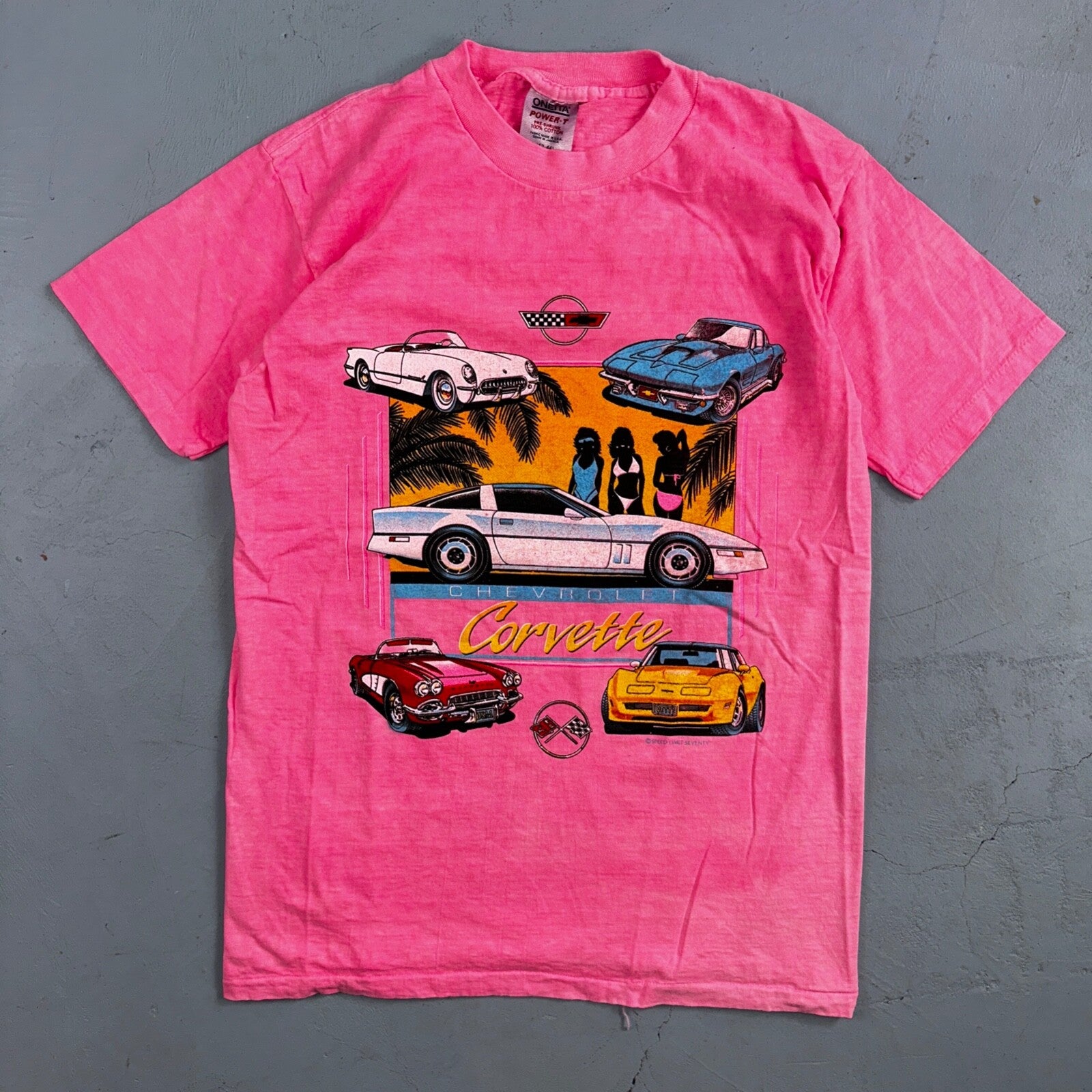 Corvette Hot Pink Oneita VTG T Shirt 80s Chevrolet Hot Girls Bikini Racing Cars