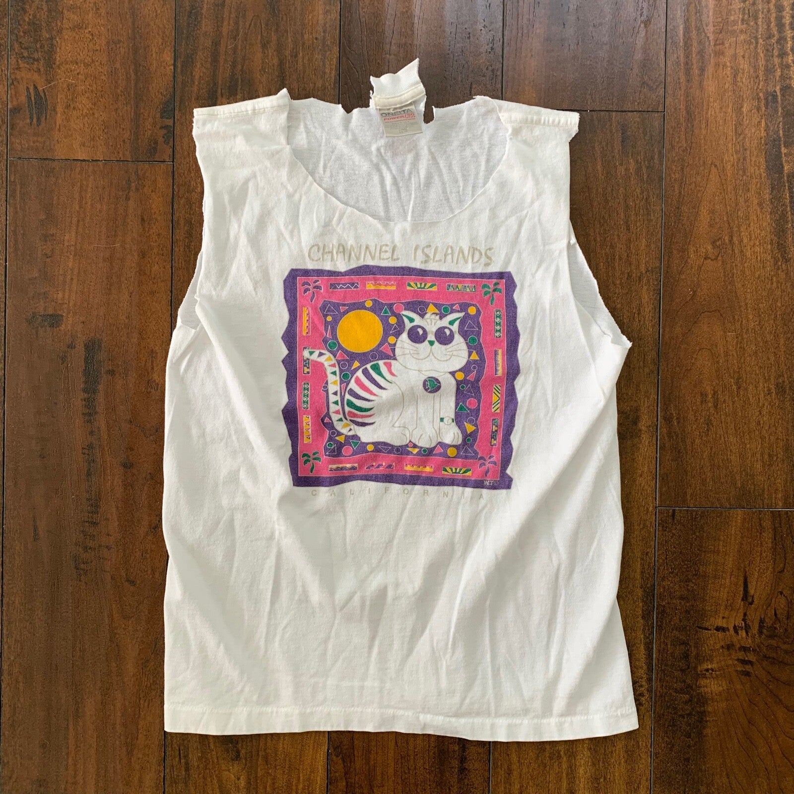 Oneita Cat Hipster Glasses Funky Vintage T Shirt 90s Tank Distressed Cut Chop