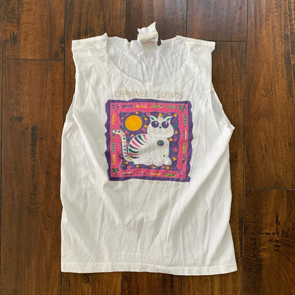 Oneita Cat Hipster Glasses Funky Vintage T Shirt 90s Tank Distressed Cut Chop