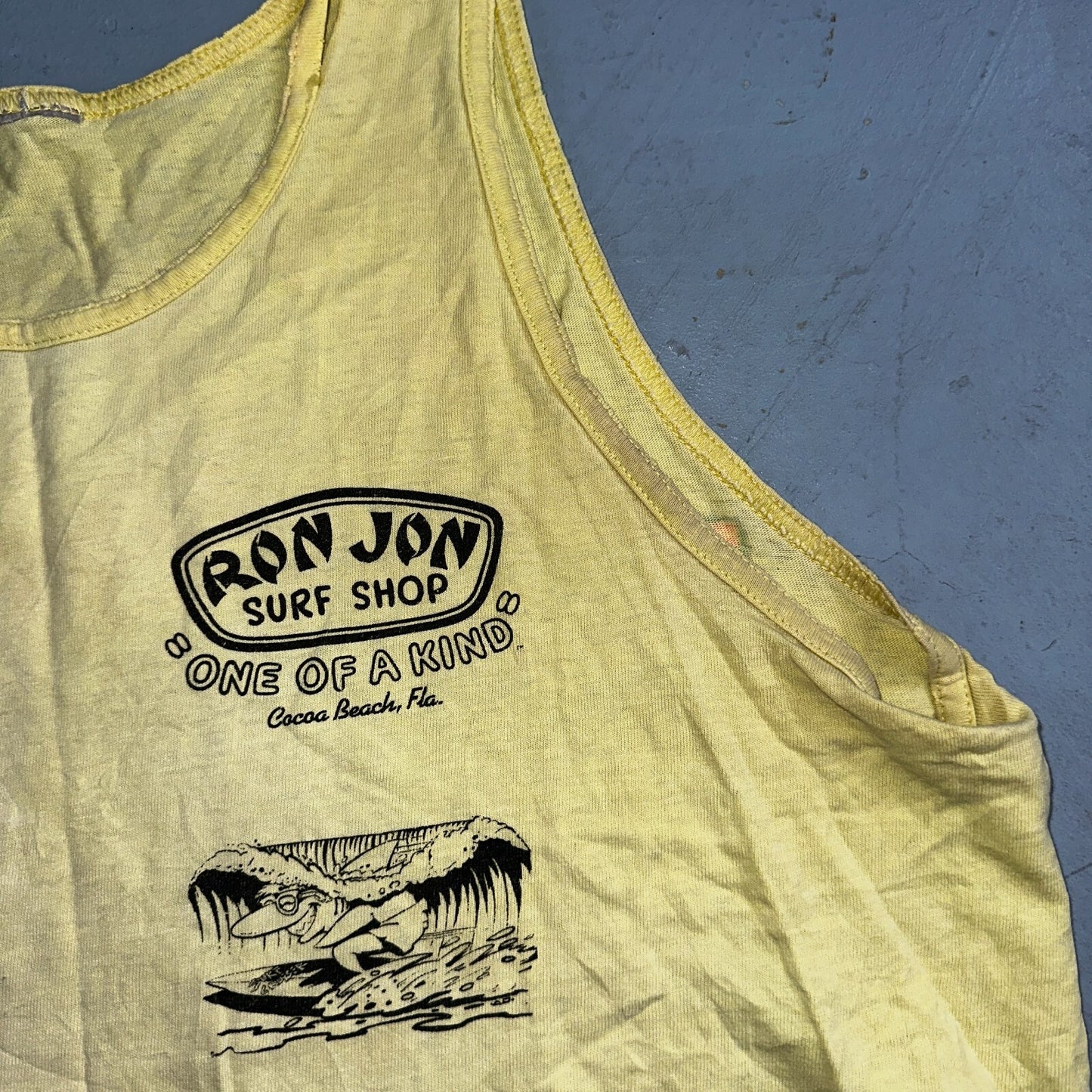 VTG 90s Ron Jons Surf Shop Tank Shirt Yellow Shark Ski Doo Cartoon USA Hot Girl